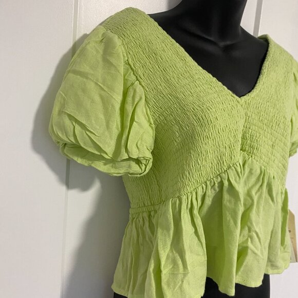 Midnight‎ Sky Linen Blend Peplum Smocked Blouse Top With Puff Sleeves Size Small - Picture 3 of 6